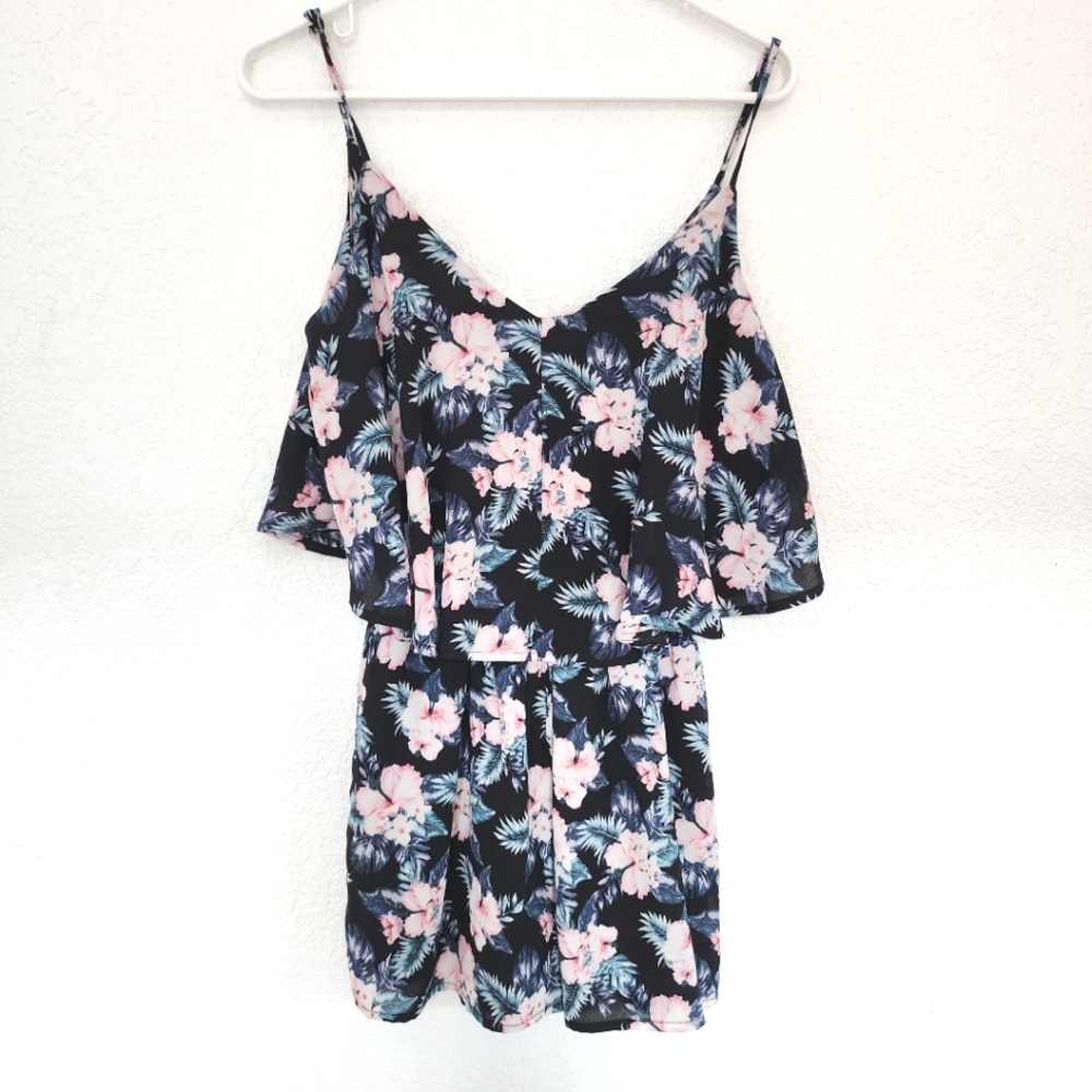 One Clothing Dark blue navy pink flowery chiffon short jumpsuit rompers Size S